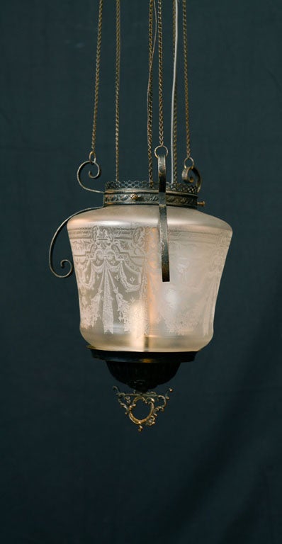 Brass Etched Glass Hall Lantern For Sale