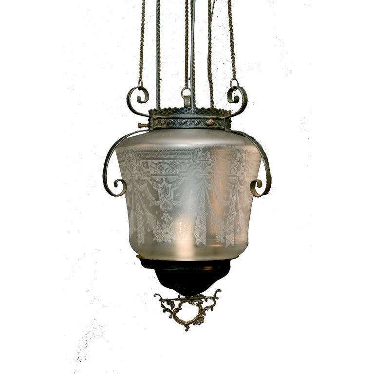Etched Glass Hall Lantern For Sale