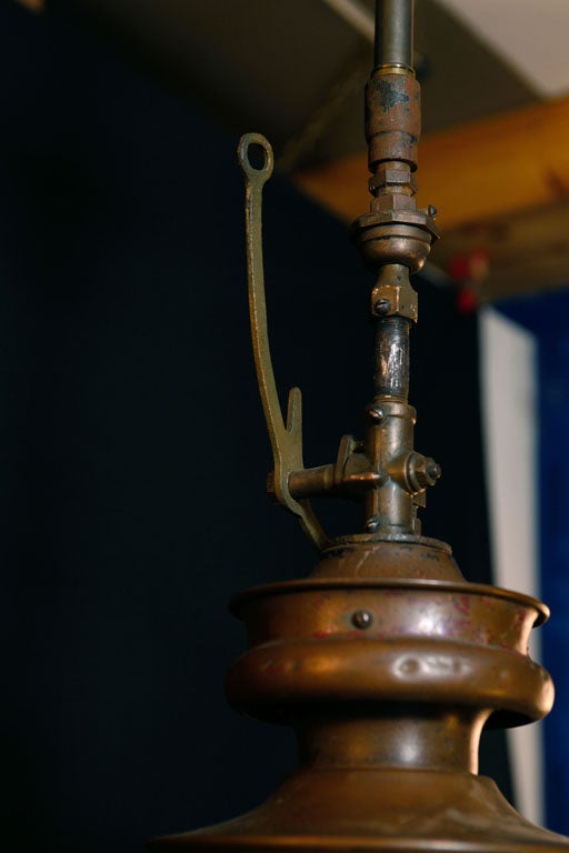 Early Industrial Copper Gas Fixture with Original Glass
