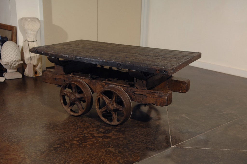 Antique French Industrial Rail Cart as Coffee Table.