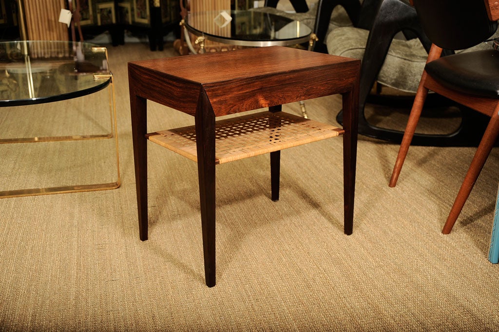 Midcentury Rosewood Side Table with Rattan Shelf