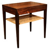 Midcentury Rosewood Side Table with Rattan Shelf