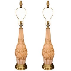 Large Pair of Coral Murano Lamps with Brass Details by Marbro 3