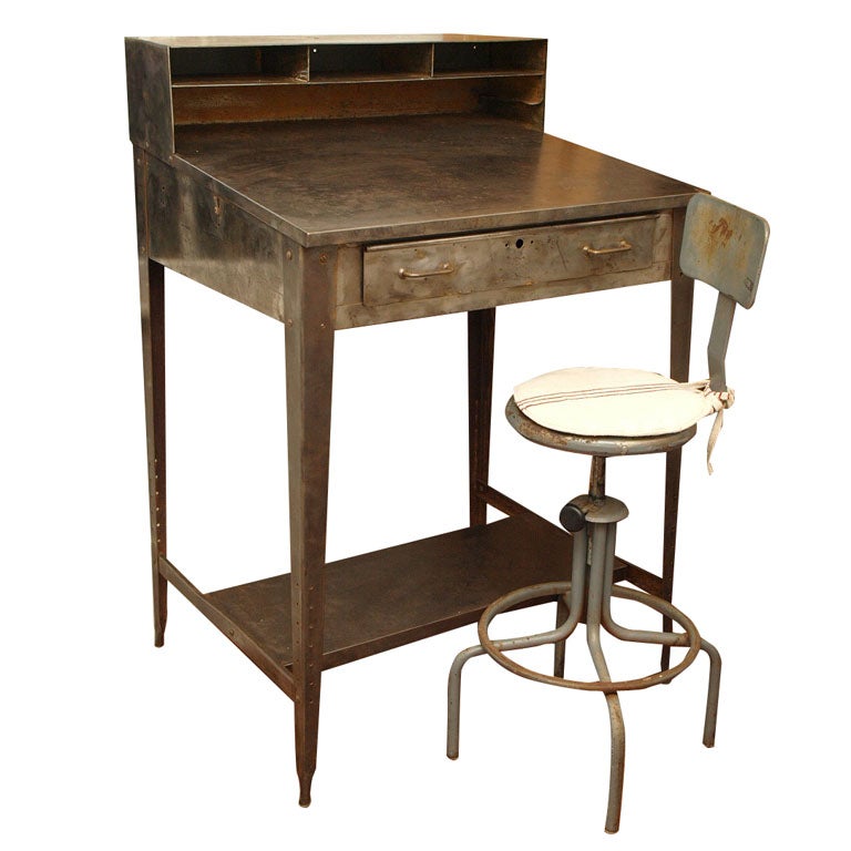 Industrial Metal Work Desk with Swivel Chair For Sale at