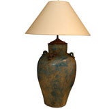 Mottled blue pottery overscaled lamp
