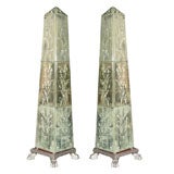 Pair of Decorative Distressed Mirrored Obelisks on Wood Bases. 