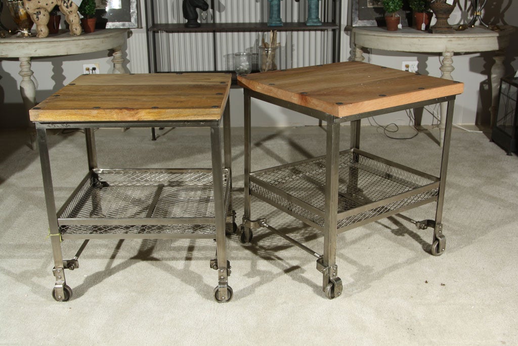 Pair of Industrial Wood Top Work Tables