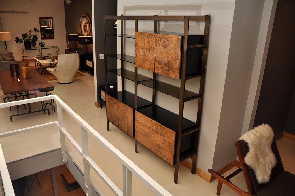 Large olive burl, brass and glass wall unit  Perfect as a bookcase or media unit.