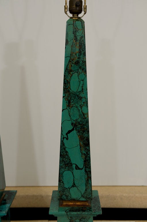 Elegant pair of Baroque inspired tables lamps, faux malachite with gold accent, painted wood.