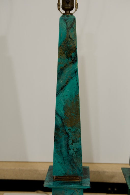 Italian FAUX MALACHITE OBELISK TABLE LAMPS