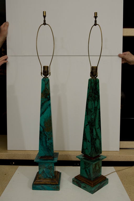 Mid-20th Century FAUX MALACHITE OBELISK TABLE LAMPS