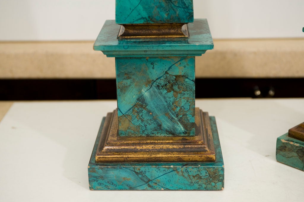Wood FAUX MALACHITE OBELISK TABLE LAMPS