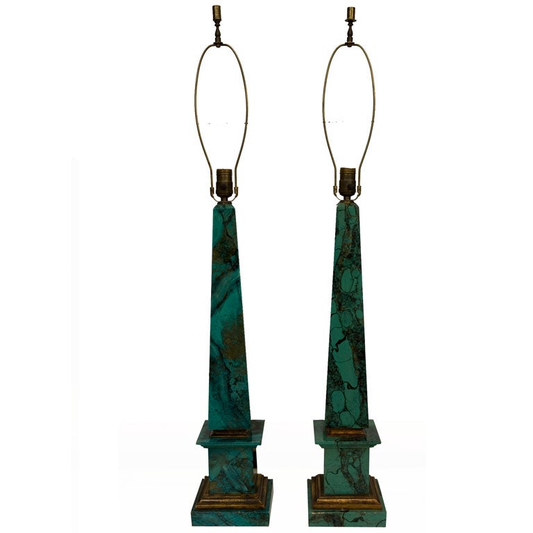FAUX MALACHITE OBELISK TABLE LAMPS