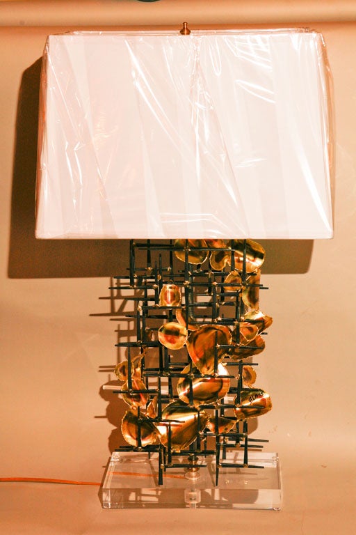 A Lou Blass pair of metal sculpture one-of-a-kind lamps, executed in steel, bronze, mounted on acrylic bases. Mr. Blass is a well known metal sculptor from Dallas, Texas, in the 1960's through the 1980's when this type of sculpture was at its'