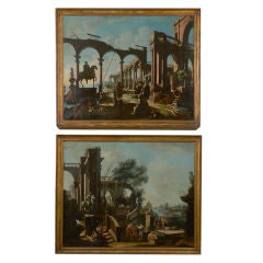 A Pair of Landscapes with Figures & Ruins by Ghisolfi