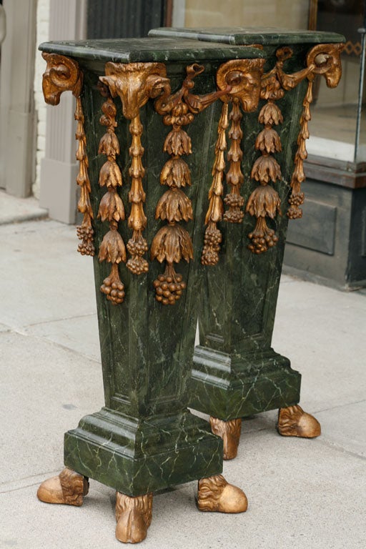 French Pair Marbleized and Gilt Carved Wood Pedestals For Sale