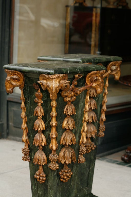 Pair Marbleized and Gilt Carved Wood Pedestals In Good Condition For Sale In Hudson, NY