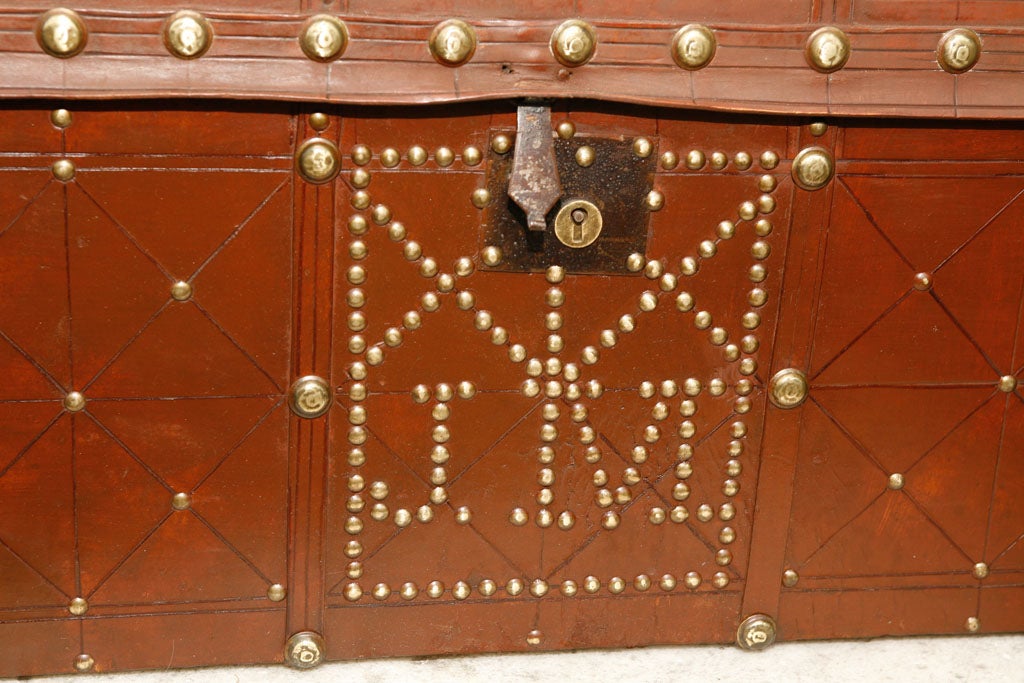 English Antique Brass Studded Leather Trunk