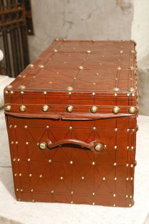 Antique Brass Studded Leather Trunk In Excellent Condition In Hudson, NY