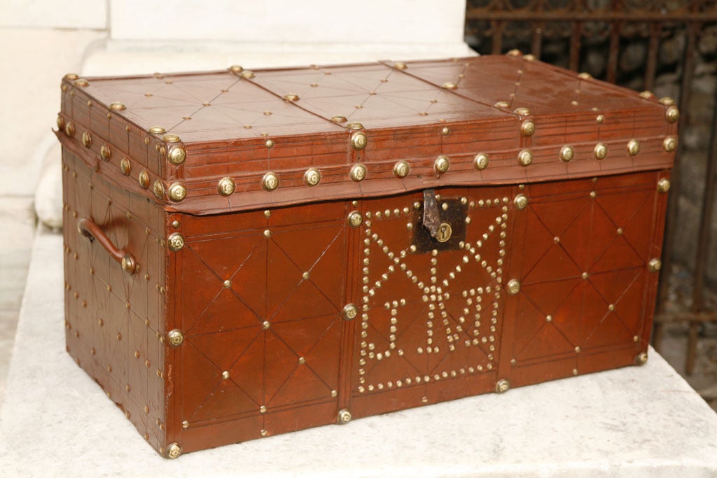 Antique Brass Studded Leather Trunk 3