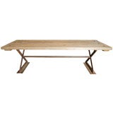 Old reclaimed french oak dining table with industrial base