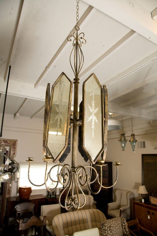 Pair of Italian Etched Mirror Panel Hanging Candlestick Chandeliers 4