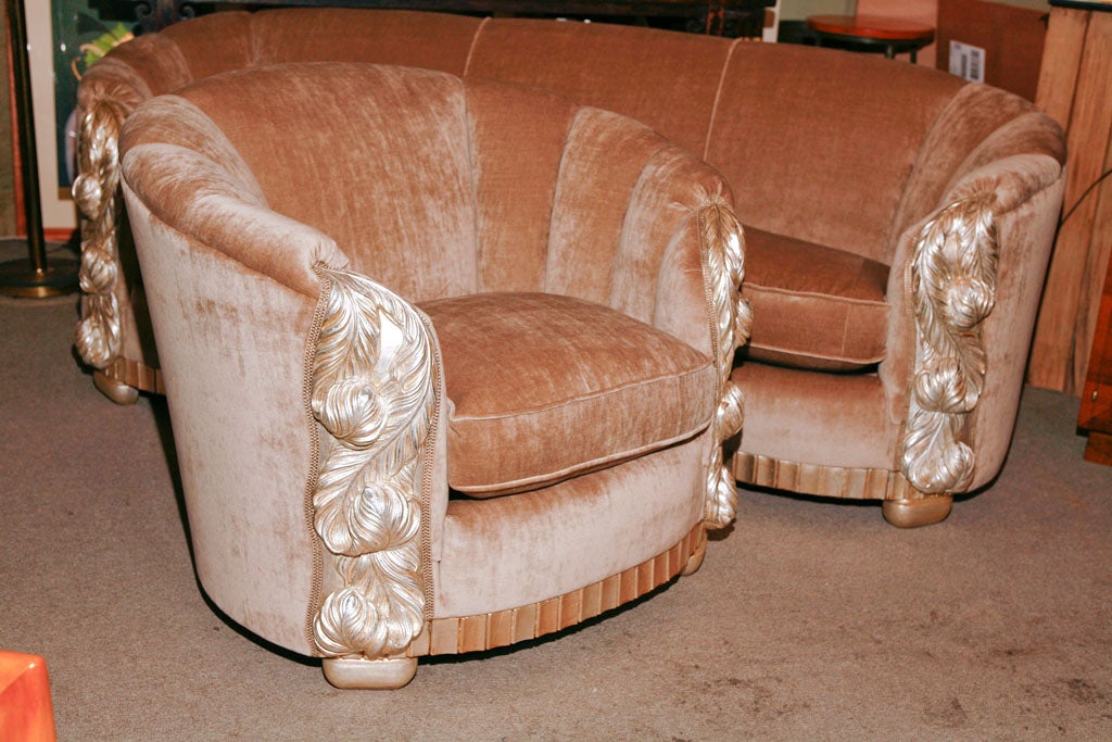 American Art Deco upholstered suite. Hollywood Regency Style Arm chair and settee pictured here...<br />
www.http://sutterantiques.com/itemdetails.php?id=395680