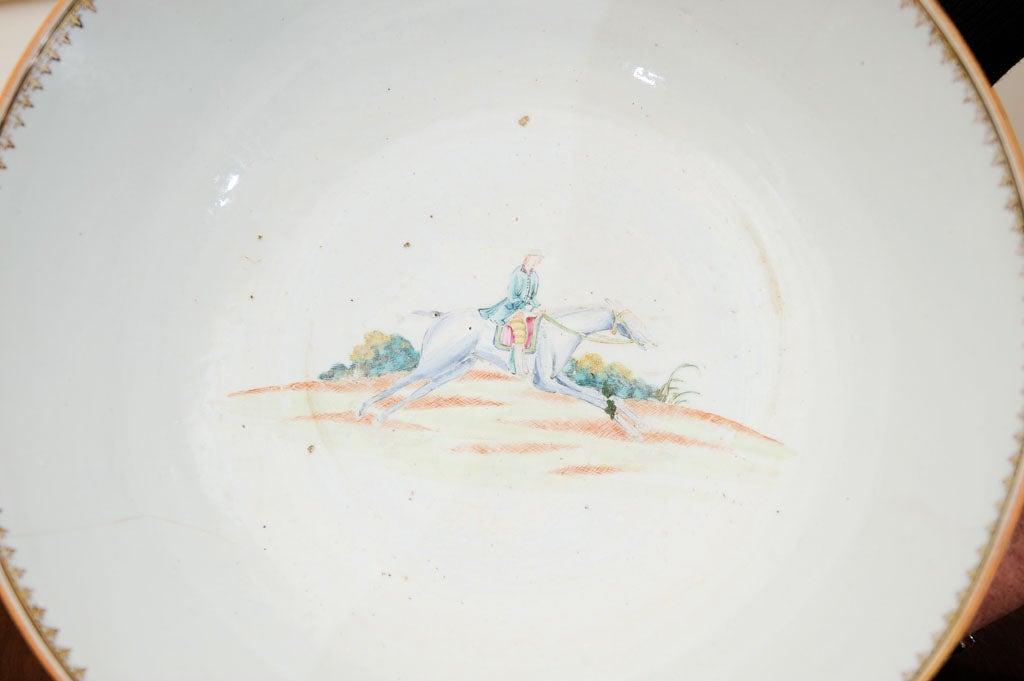 18th Century and Earlier Chinese Export Hunt Scene Porcelain Punch Bowl For Sale