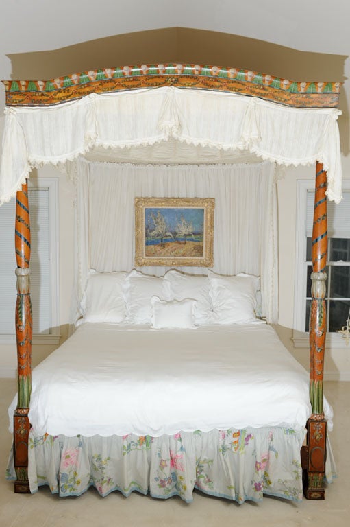 English polychromed-painted Satinwood Domed Canopy Bed with white feather and green tobacco leaves above entwined floral wreaths and garlands. Fitted interior, embroidered drapery w/ ruffled tops.  Upholstered headboard, custom mattress and box