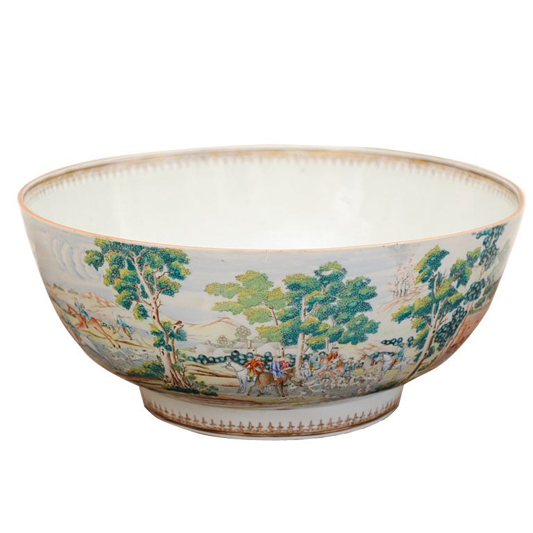 Chinese Export Hunt Scene Porcelain Punch Bowl For Sale at 1stDibs