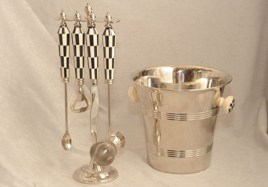 Art Deco/Retro Chrome and Ivory/Bone Ice Bucket w/Accessories