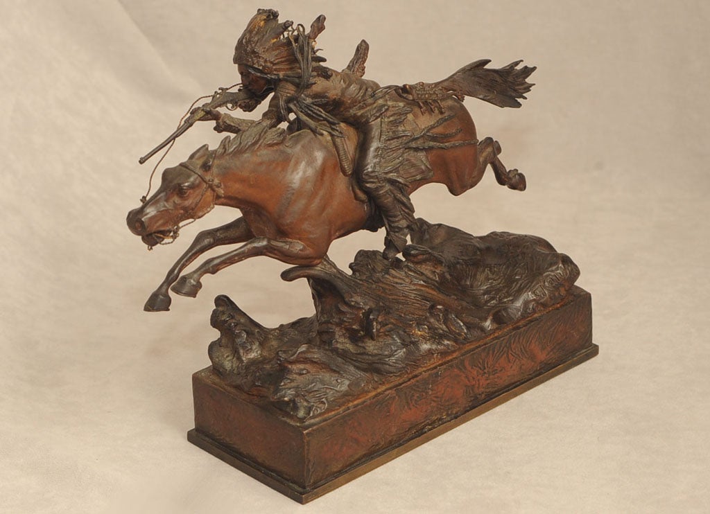Amazingly detailed bronze by the most highly regarded Vienna bronze sculptor, Carl Kauba, 1865-1922.  Kauba specialized in exotic subjects with a particular fondness for the American West.  This finely cast bronze shows off some of his best work. 