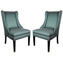 Pair of 1940's High Back WIng Chairs in Teal
