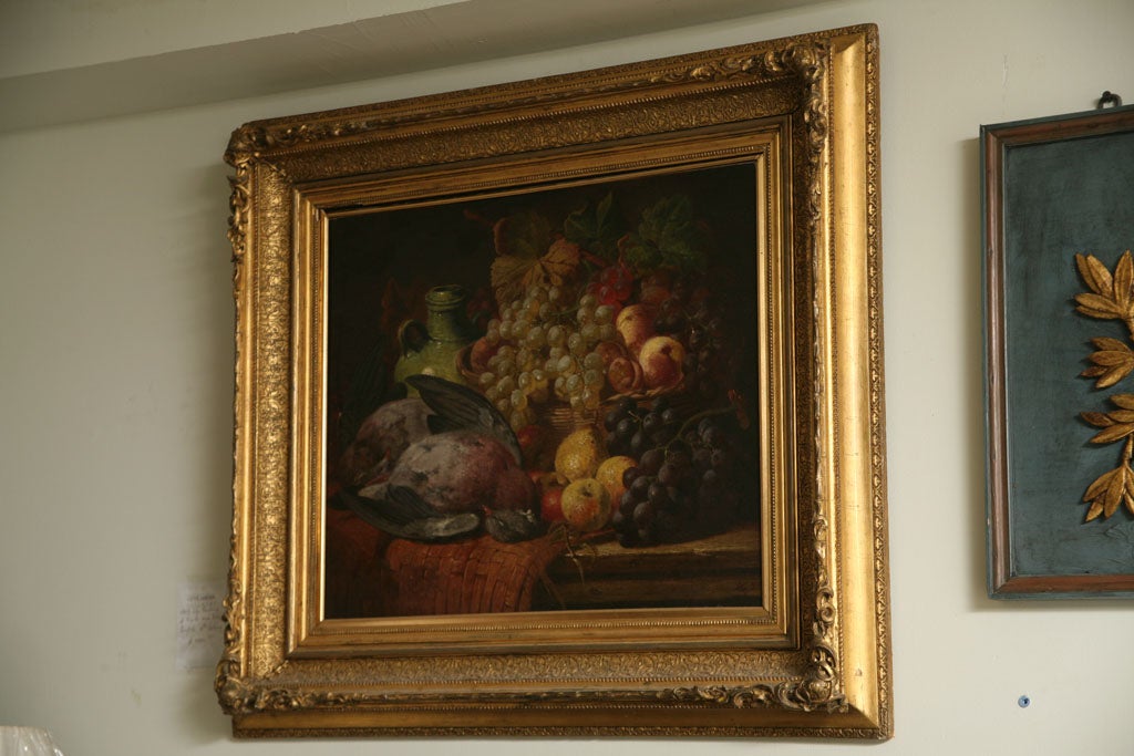 A still life painting of basket of fruit and bird.