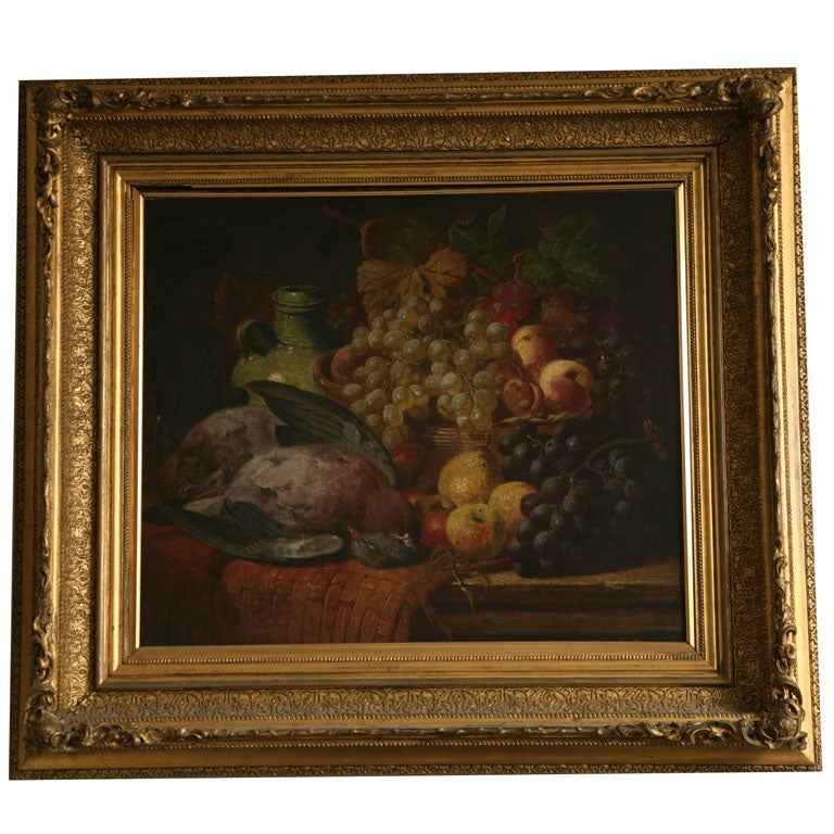 Still Life Painting of Basket of Fruit and Bird For Sale