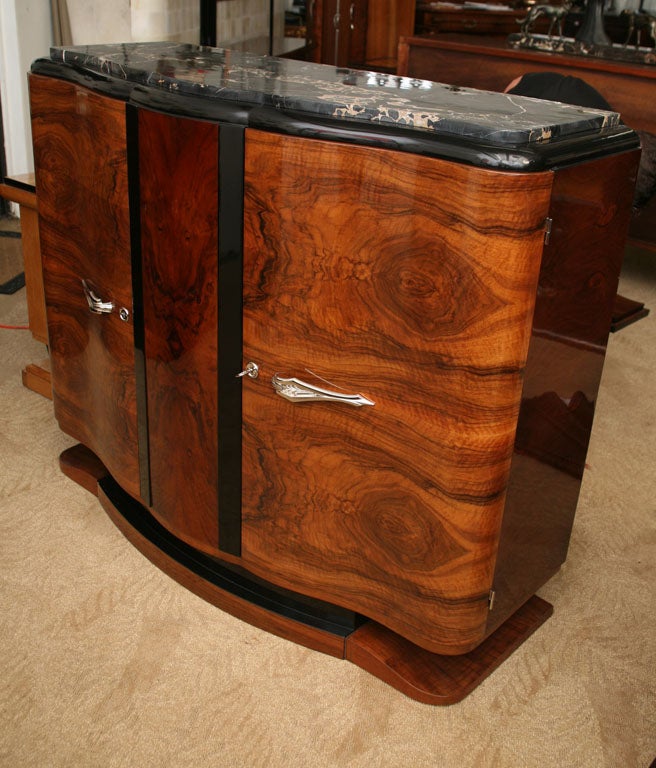 Gorgeous French Art Deco Exotic Walnut Buffet with Black Porto Marble Top, Black Lacquer Trim and High Polish Nickel Plated Accents.