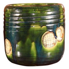 Vintage Japanese Oribe Green Glazed Stoneware Te-bachi Planter