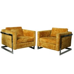 A Pair of Milo Baughman Polished Chrome Cube Chairs