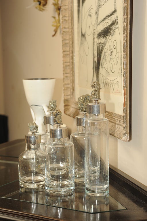 Glass Unique Set of Five Bottles with Stone Fragment Lids