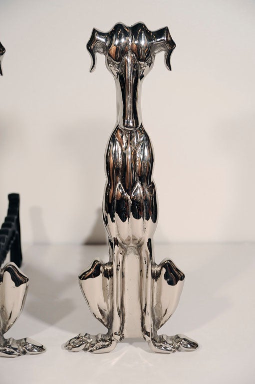American Art Deco Polished Nickel Whippet Hound Andirons