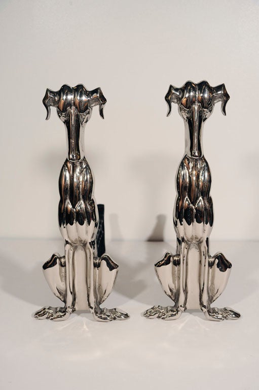 Art Deco Polished Nickel Whippet Hound Andirons 3
