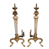 Vintage Pair of White Onyx and Brass Andirons
