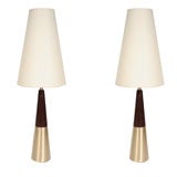 Pair of Satin Brass and Walnut Conical Lamps by Tony Paul