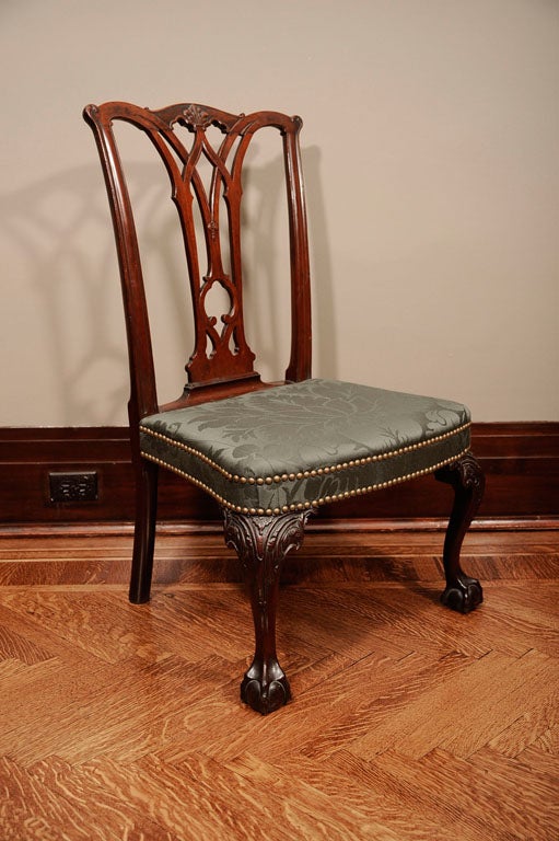 This side chair and the three others to survive from the same set are the only known Philadelphia Chippendale chairs with over-upholstered compass seats. One of the others is in the collection of the Philadelphia Museum of Art and displayed at Mount