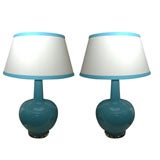 Pair of Turquoise Ceramic Lamps with Custom Shades