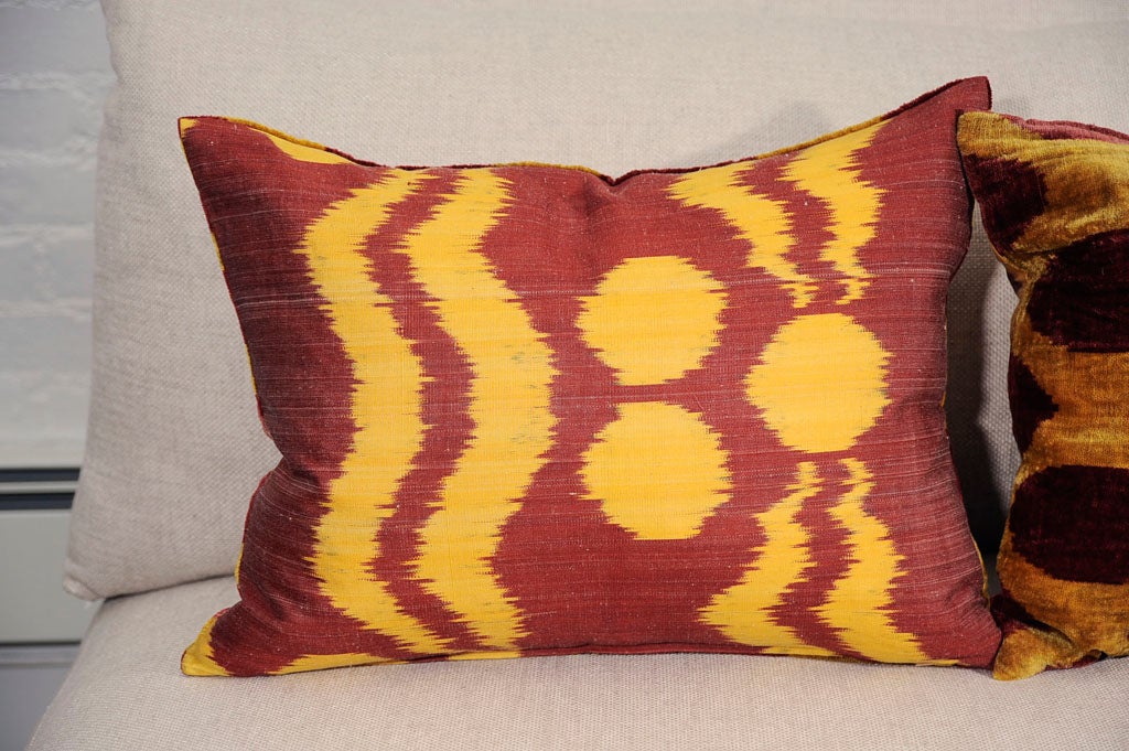 Pair of vintage Turkish silk velvet & ikat cushions