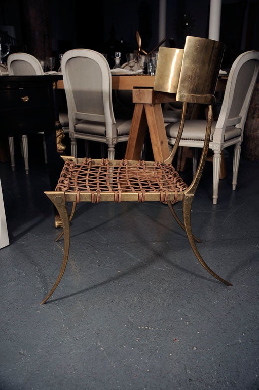 Contemporary Brass Klismos Style Chair with Leather Seat