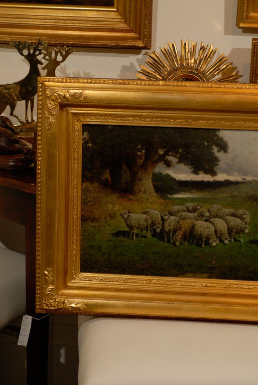 American Sheep Grazing Oil on Canvas Painting by Charles Phelan, Late 19th Century