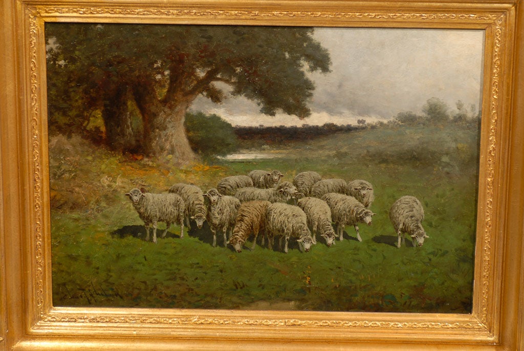 Sheep Grazing Oil on Canvas Painting by Charles Phelan, Late 19th Century 1