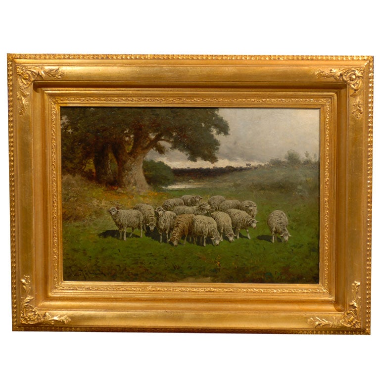 Sheep Grazing Oil on Canvas Painting by Charles Phelan, Late 19th Century